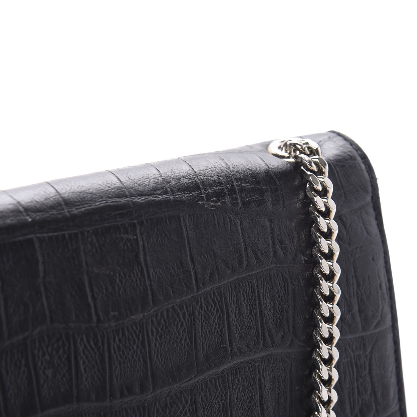 Calfskin Crocodile Embossed Medium Classic Monogram Kate Tassel Satchel Black