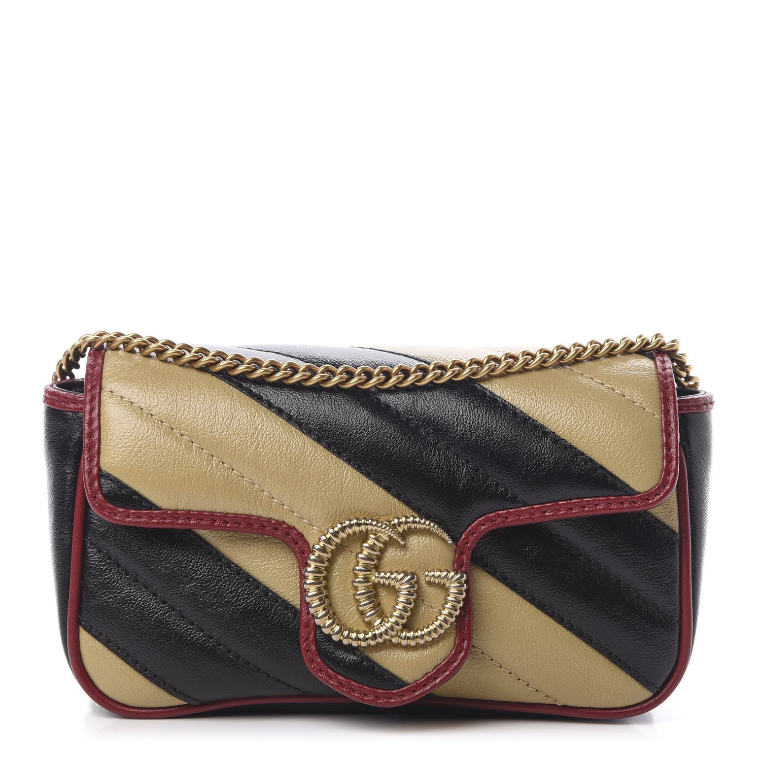 Gucci Vintage Effect Calfskin Matelasse Diagonal Striped Super Mini Torchon GG Marmont Shoulder Bag Black Beige 1 of 11