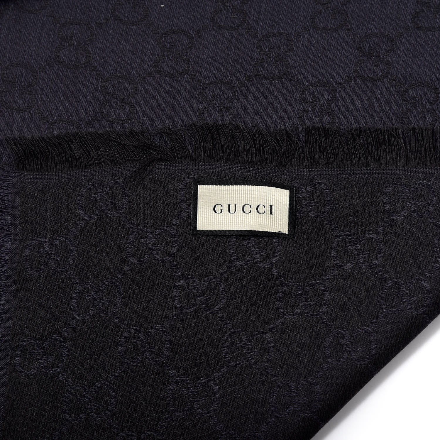 Gucci Wool Silk Monogram GGWeb Fringe Shawl Navy Black 4 of 4