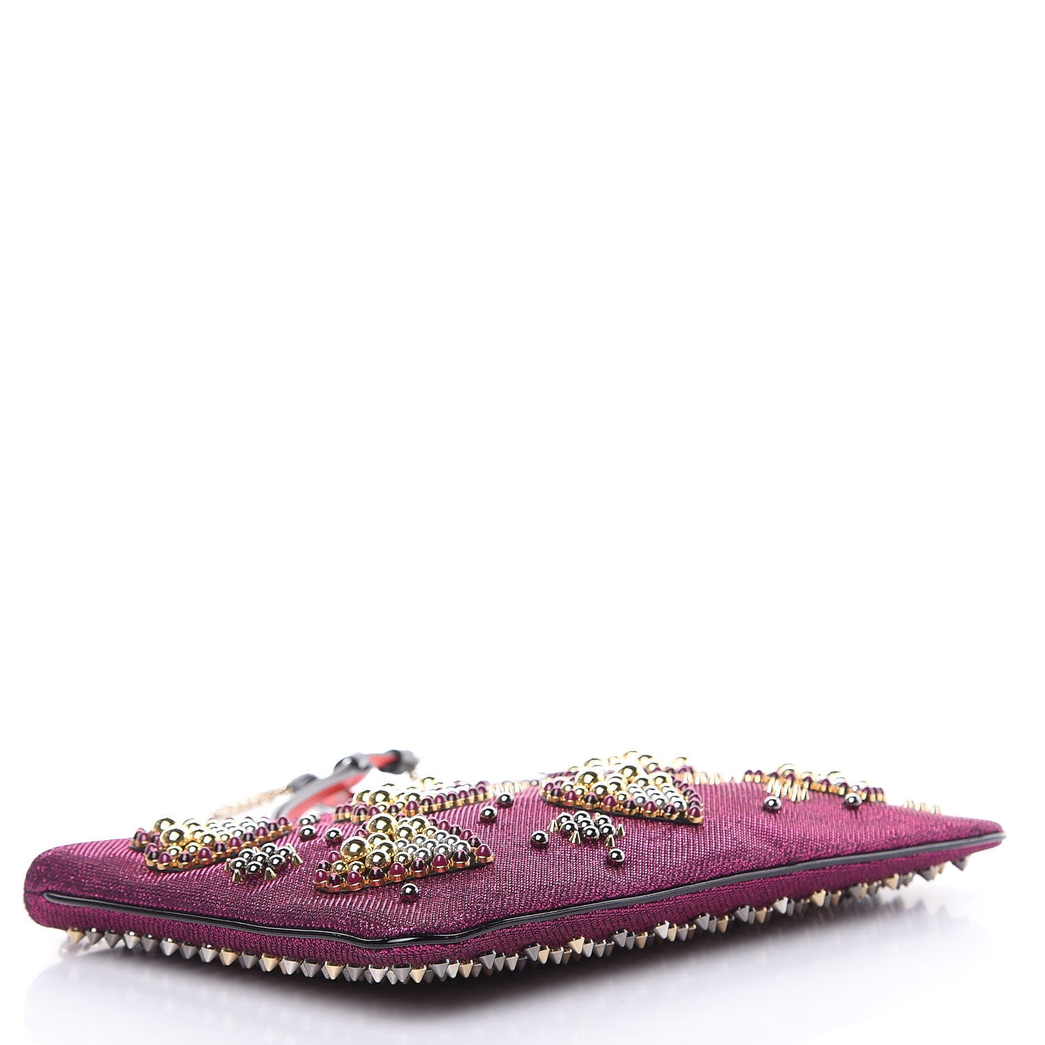 Christian Louboutin Metallic Raffia Studded Loubiposh Chain Clutch Magenta 4 of 8