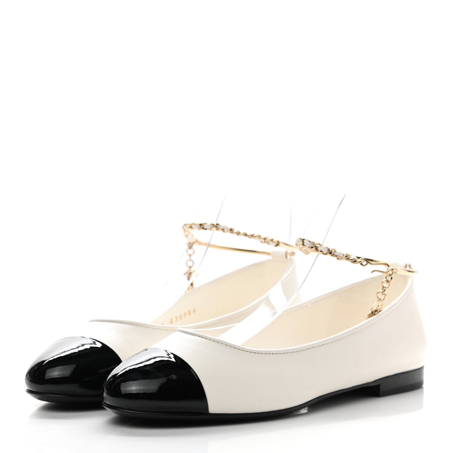 Lambskin Patent Calfskin Cap Toe Ankle Chain Ballerina Flats 36 White Black