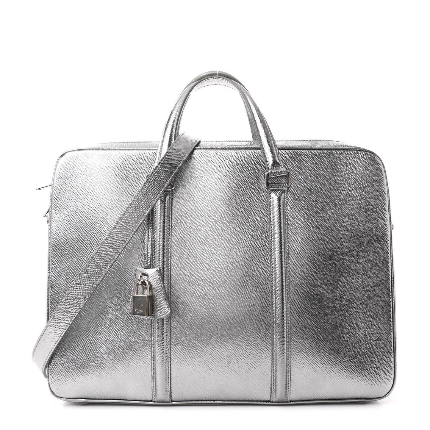 Laminated Grained Calfskin Medium Briefcase Silver