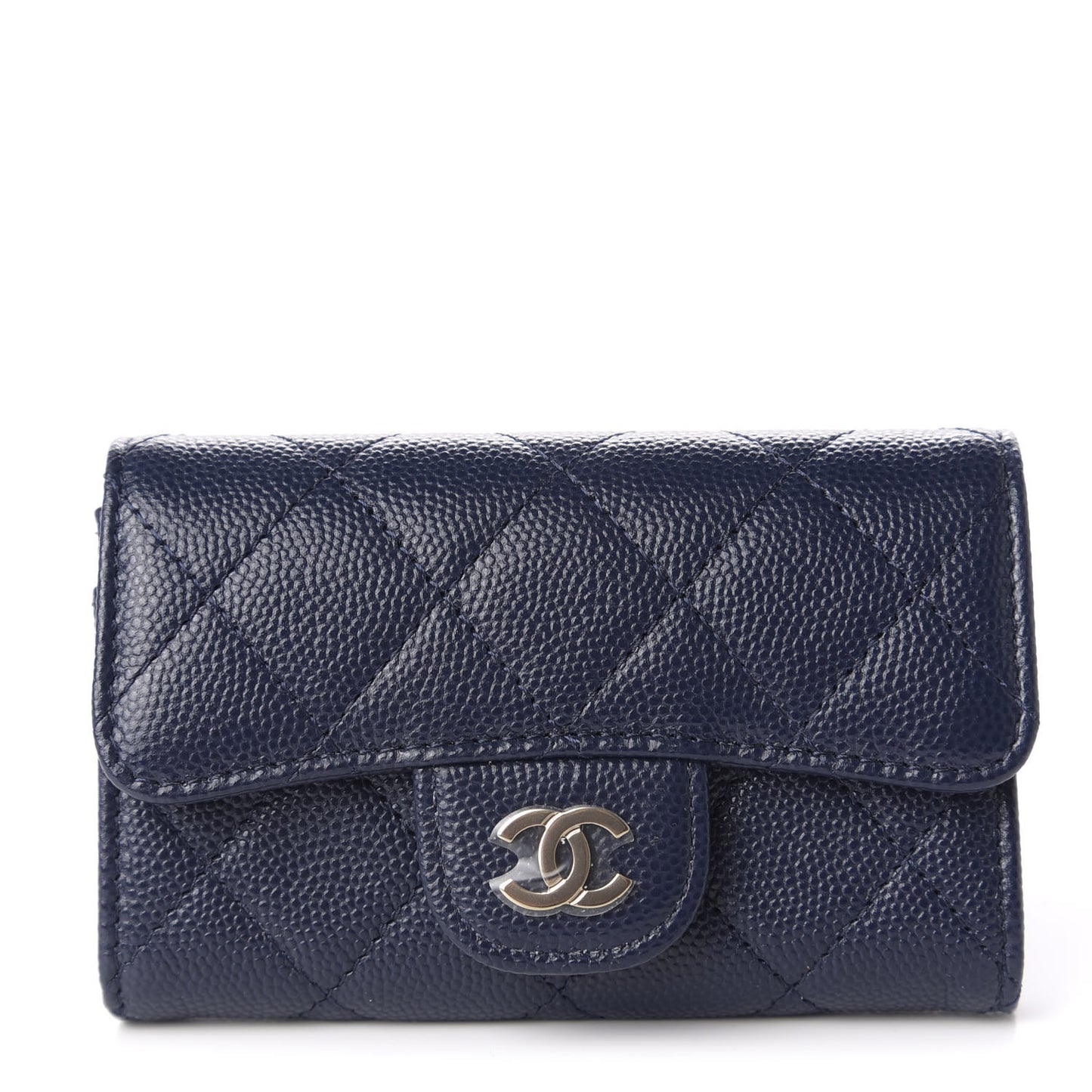 Caviar Quilted Flap Card Holder Wallet Navy Blue