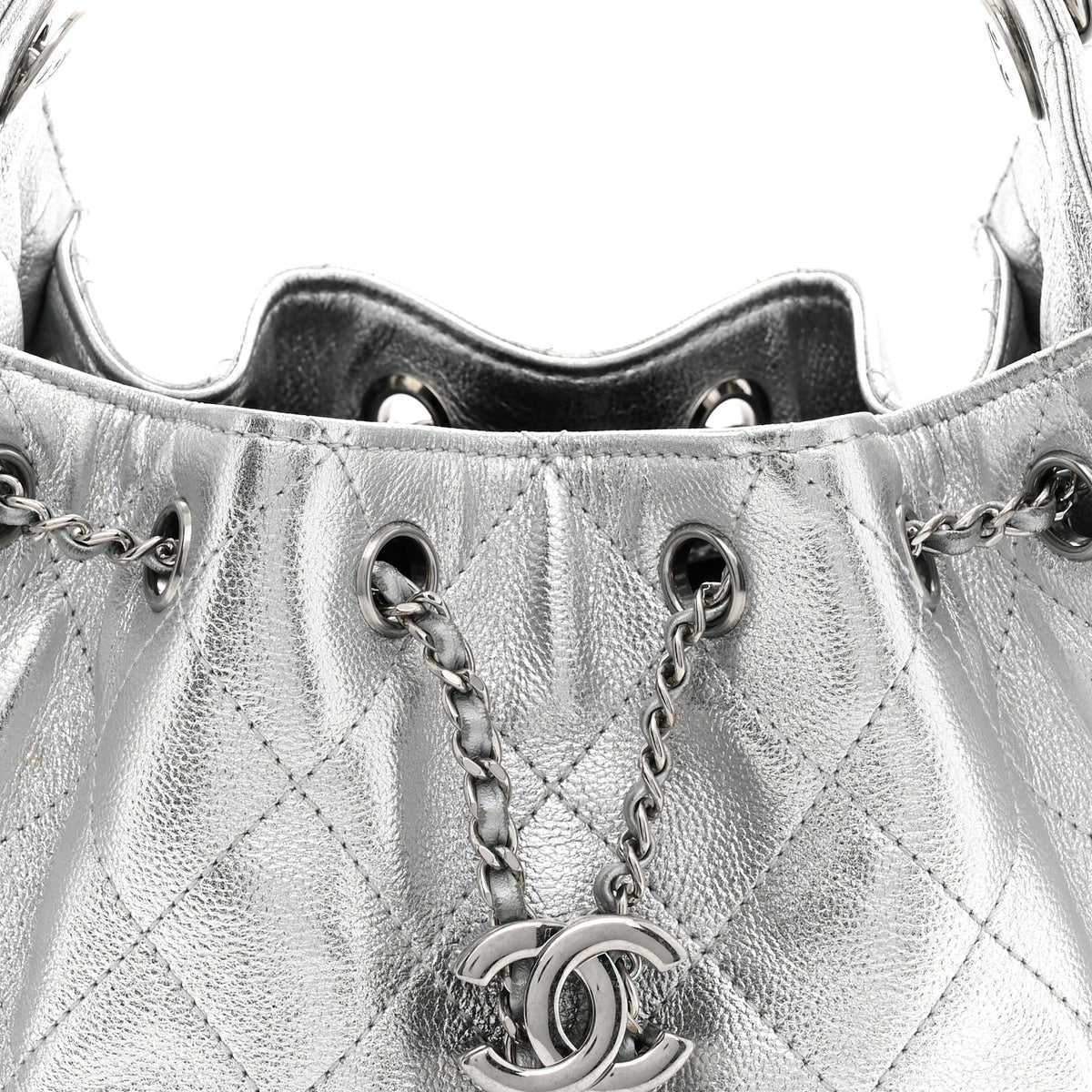 Metallic Caviar Quilted Mini Chanel 25 Handbag Silver