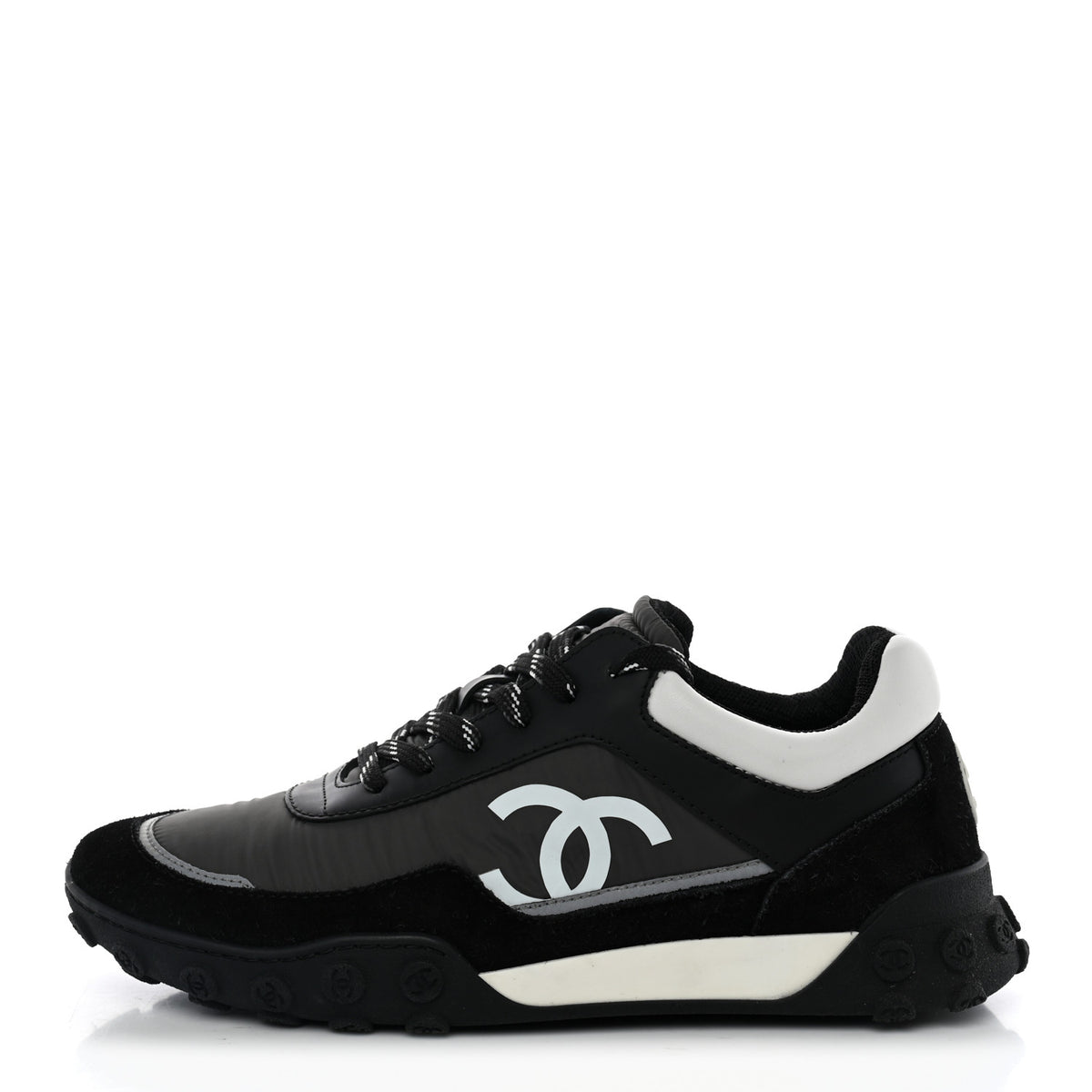 Nylon Calfskin Suede Womens CC Sneakers 38 Black Grey White