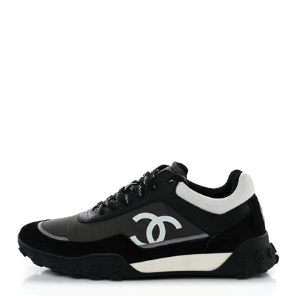 Chanel Nylon Calfskin Suede Womens CC Sneakers 38 Black Grey White 1 of 10