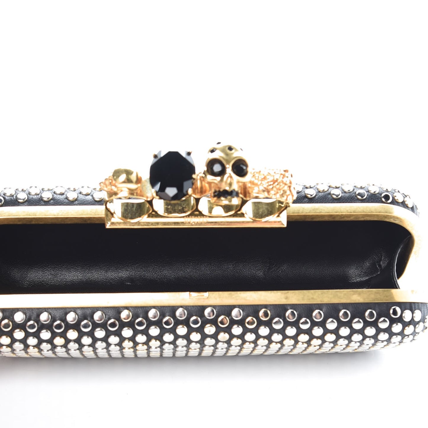 Lambskin Studded Skull Knuckle Box Clutch Black
