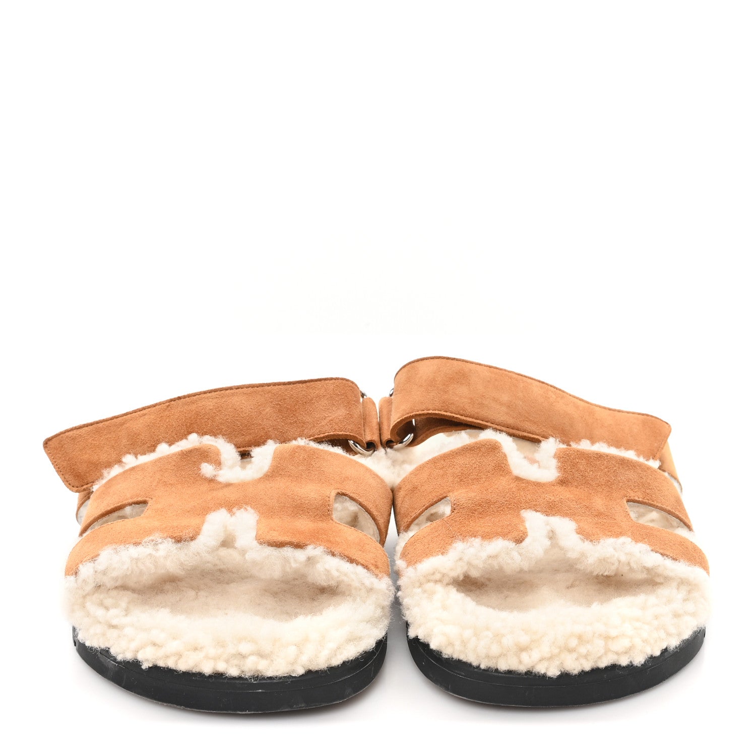 Hermes Suede Goatskin Woolskin Womens Chypre Sandals 38 Brun Fume Ecru 3 of 8