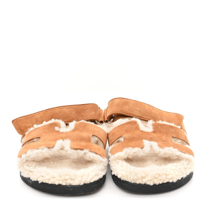 Hermes Suede Goatskin Woolskin Womens Chypre Sandals 38 Brun Fume Ecru 3 of 8