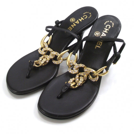 Gold Crystal Chain Sandals 36.5 Black