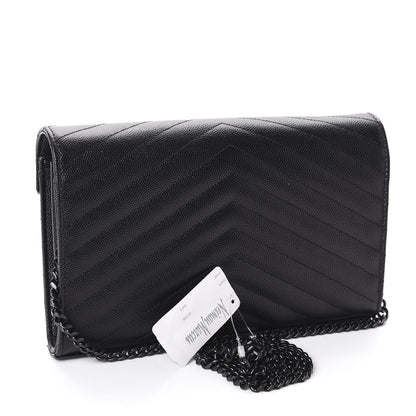 Saint Laurent Grain De Poudre Matelasse Chevron Monogram Chain Wallet Black 3 of 11