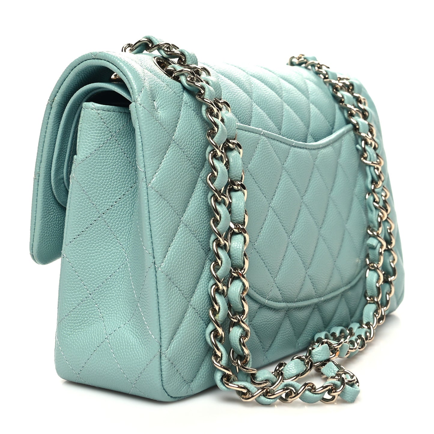 Caviar Quilted Medium Double Flap Light Blue