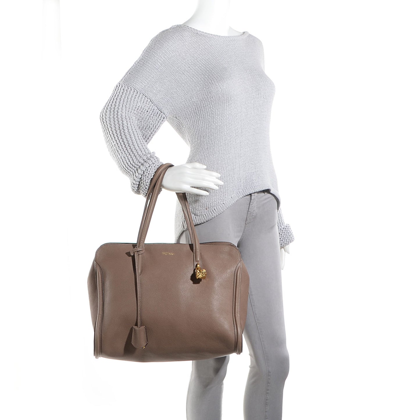 Pebbled Calfskin Skull Padlock Tote Taupe