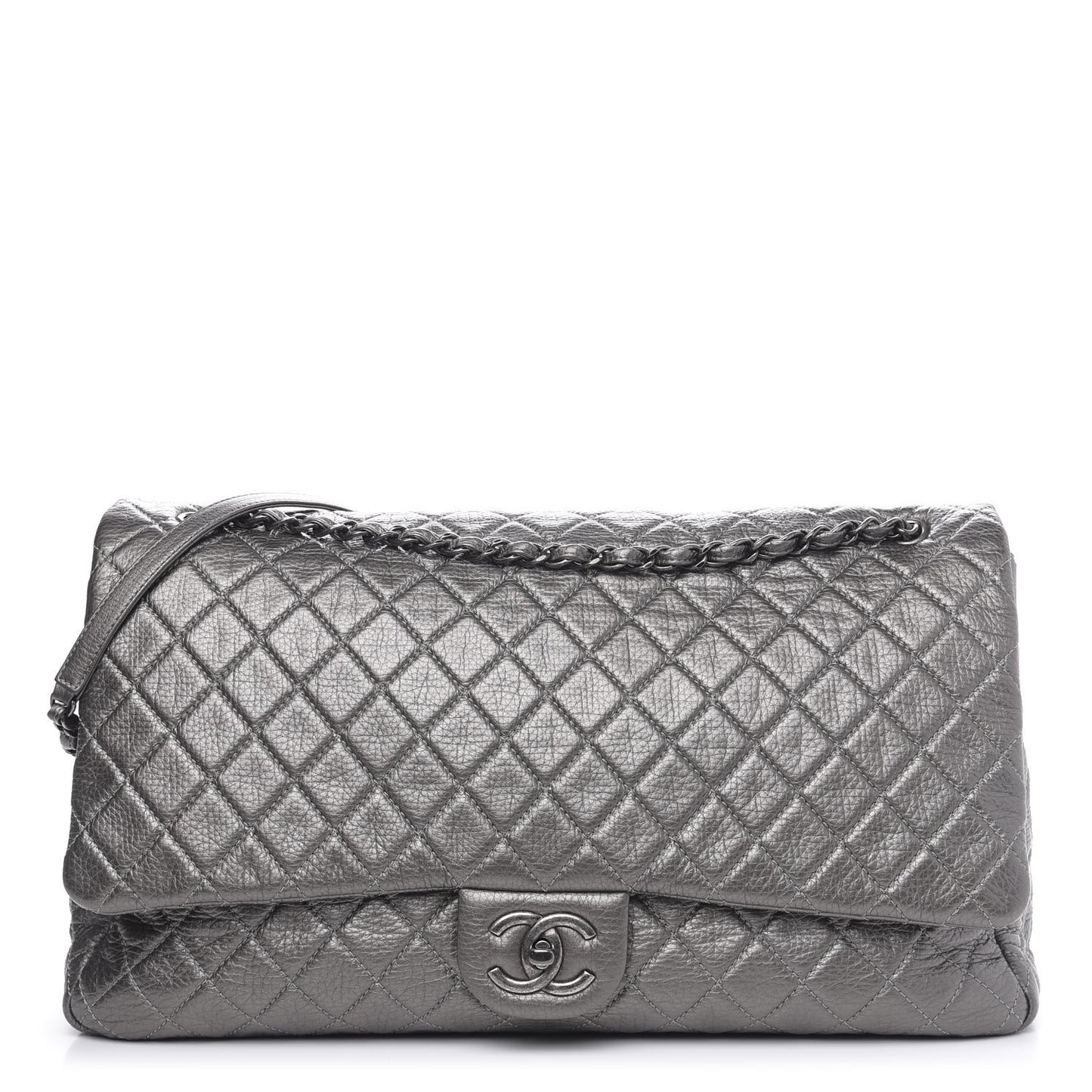 Metallic Calfskin Quilted XXL Travel Flap Bag Dark Silver