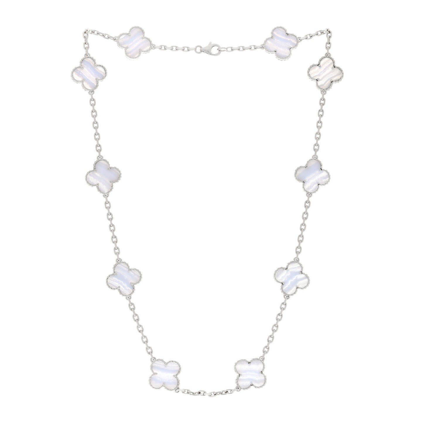 18K White Gold Chalcedony 10 Motifs Vintage Alhambra Necklace