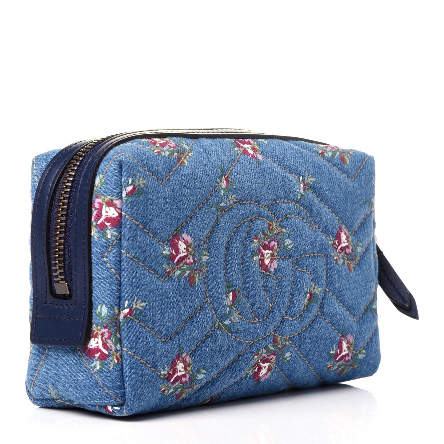 Denim Matelasse Flora GG Marmont Cosmetic Case Blue