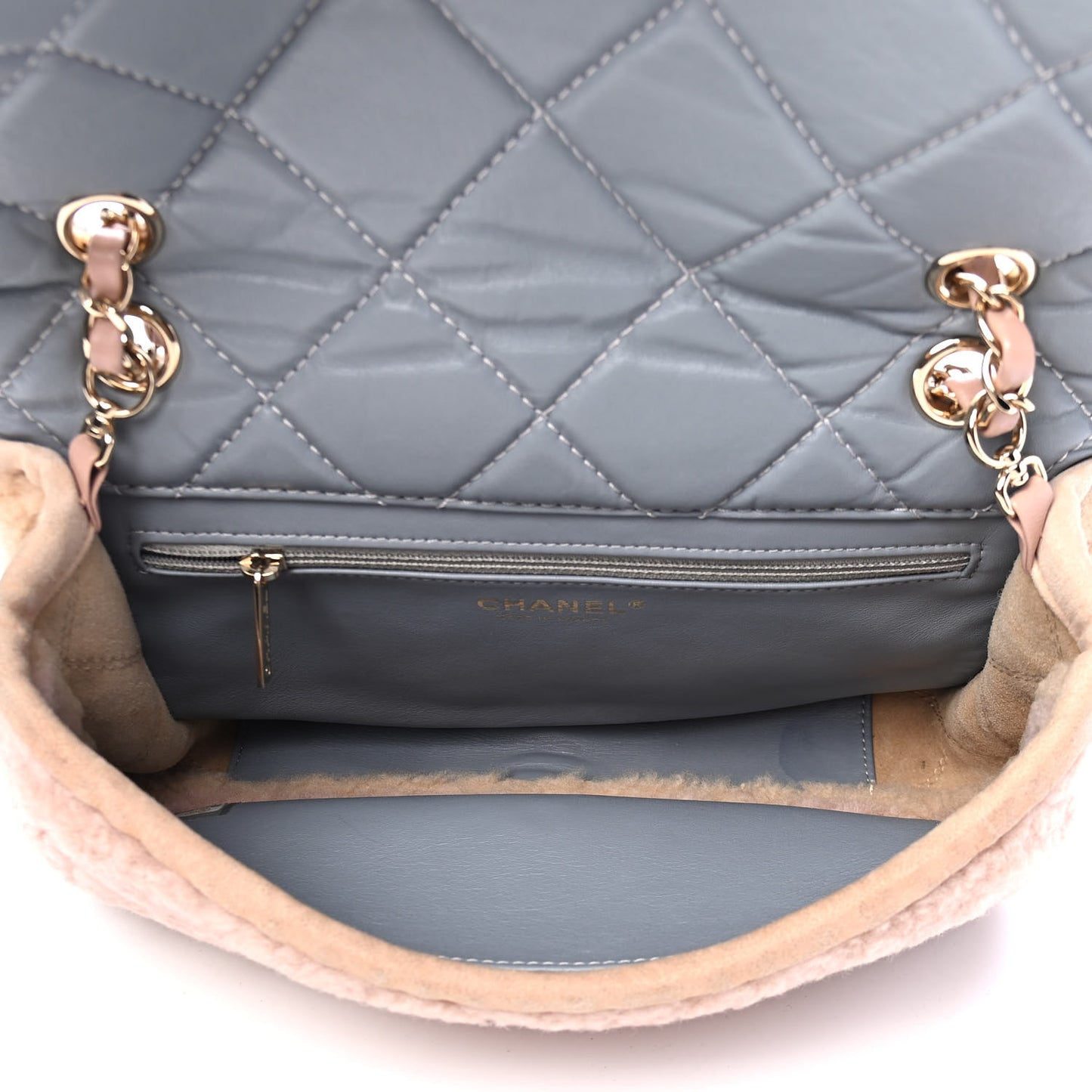 Shearling Sheepskin Single Flap Gray Pink Beige