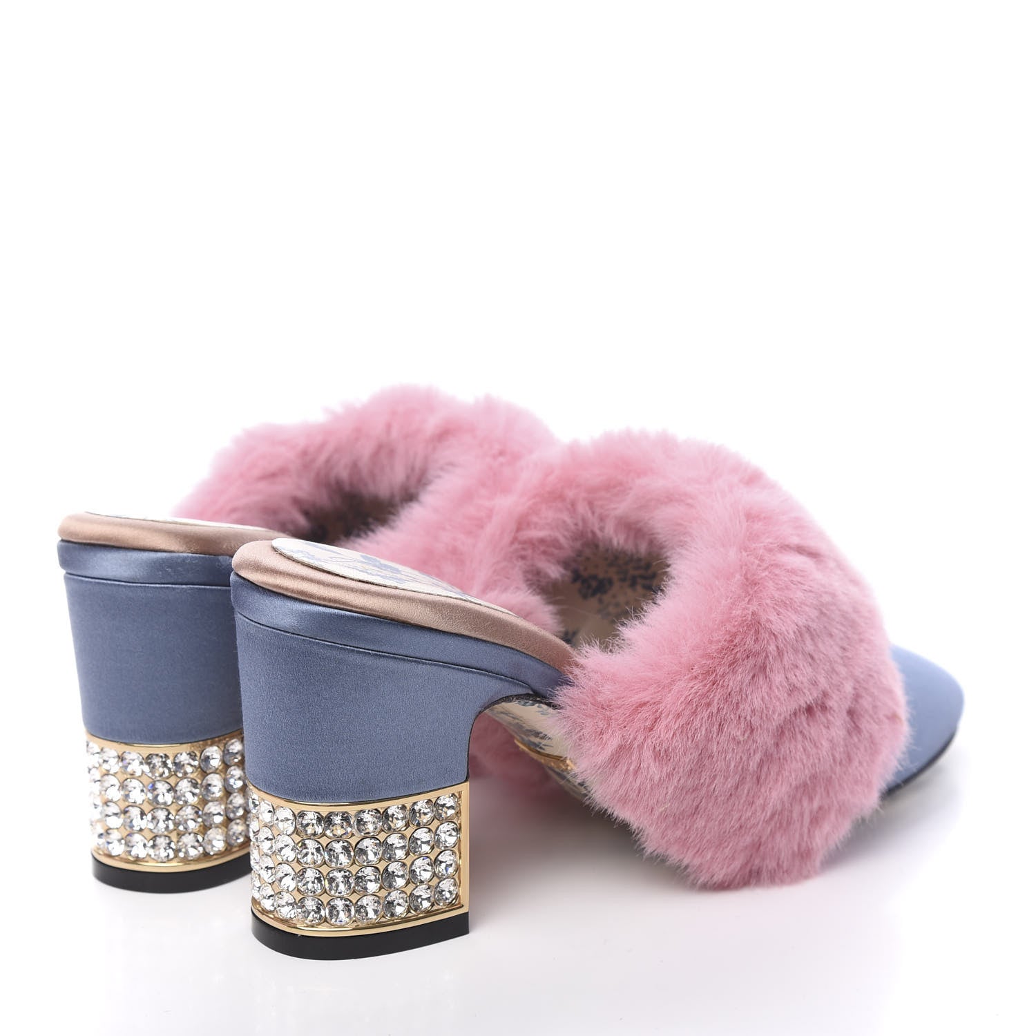 Gucci Faux Fur Silk Satin Crystal Candy Mules 37 Rosa Carta Zucchero 4 of 11