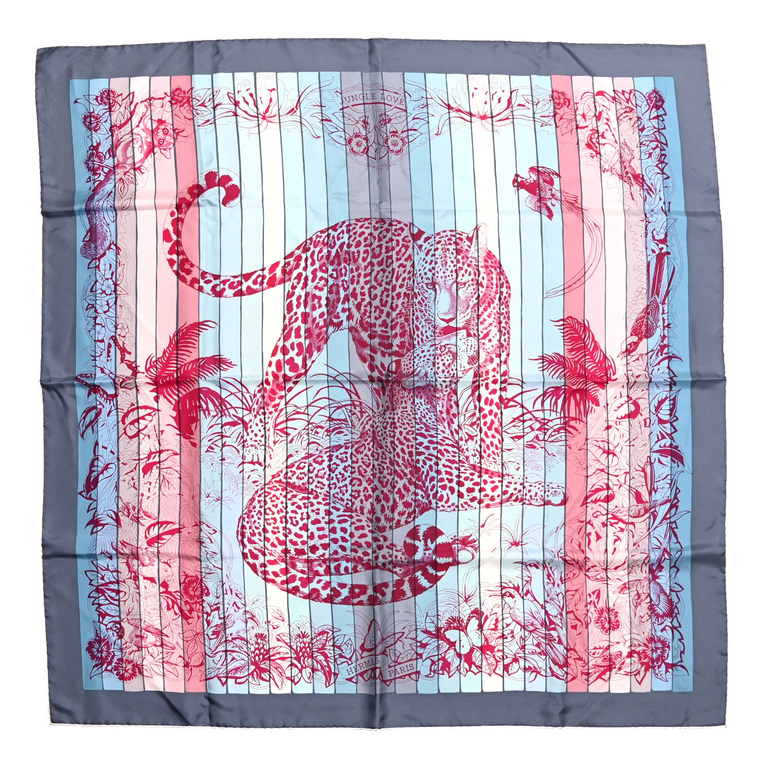 Hermes Silk Jungle Love Rainbow Scarf 90 Bleu Rose Gris 1 of 7