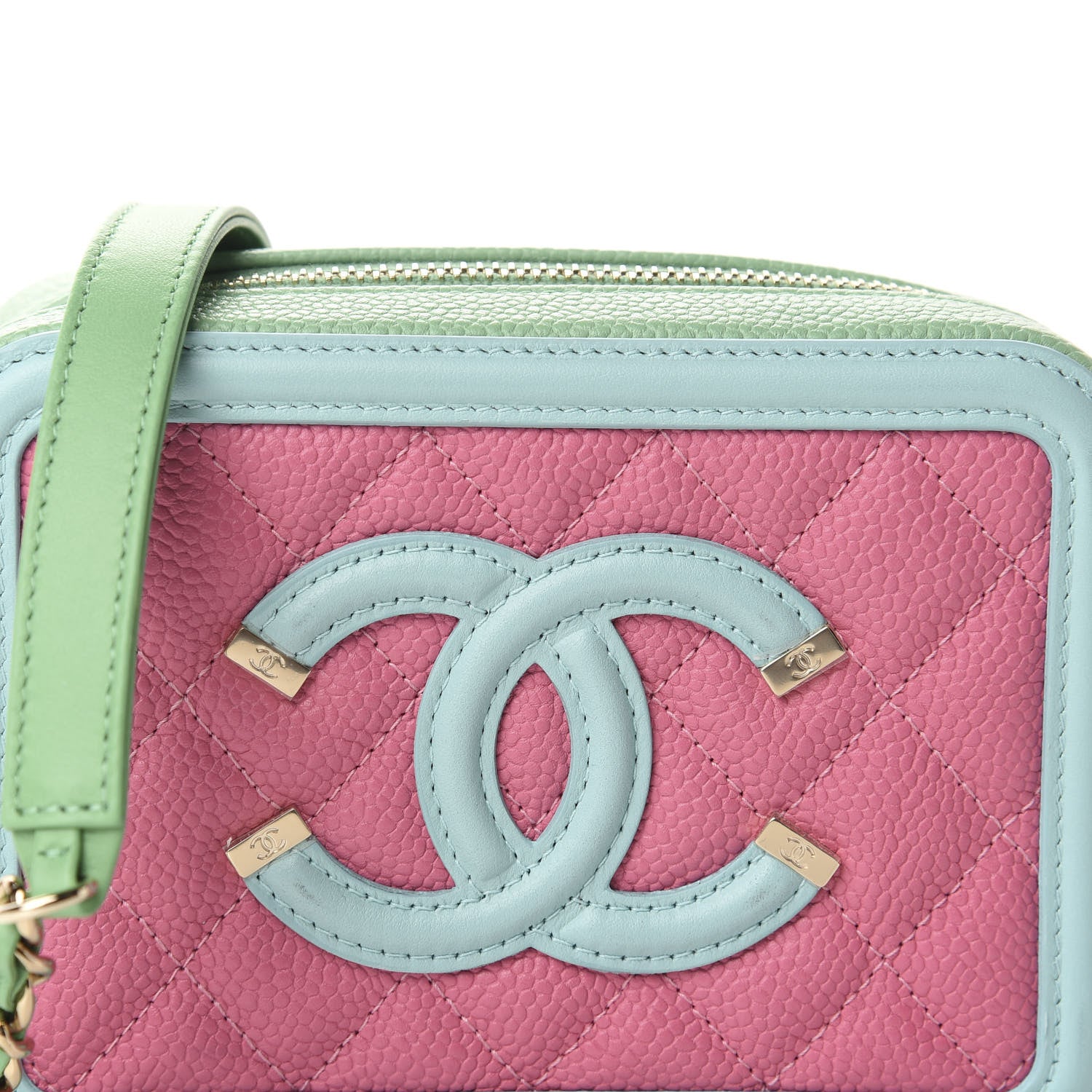 Chanel Caviar Quilted Filigree Vanity Clutch With Chain Pink Light Blue Green 10 of 10