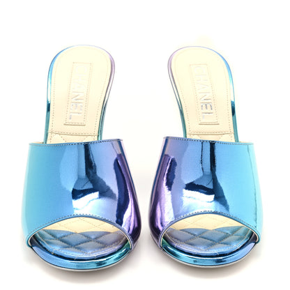 Chanel Laminated Calfskin Wedge Mules 38 Blue Purple 3 of 10