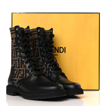 Fendi Calfskin Stretch Fabric FF Rockoko Biker Boots 38.5 Black Tobacco 8 of 8