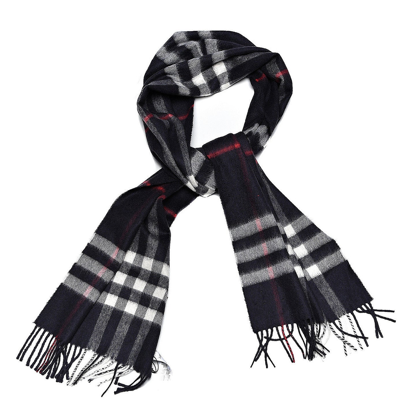Cashmere Giant Check Fringe Scarf Navy