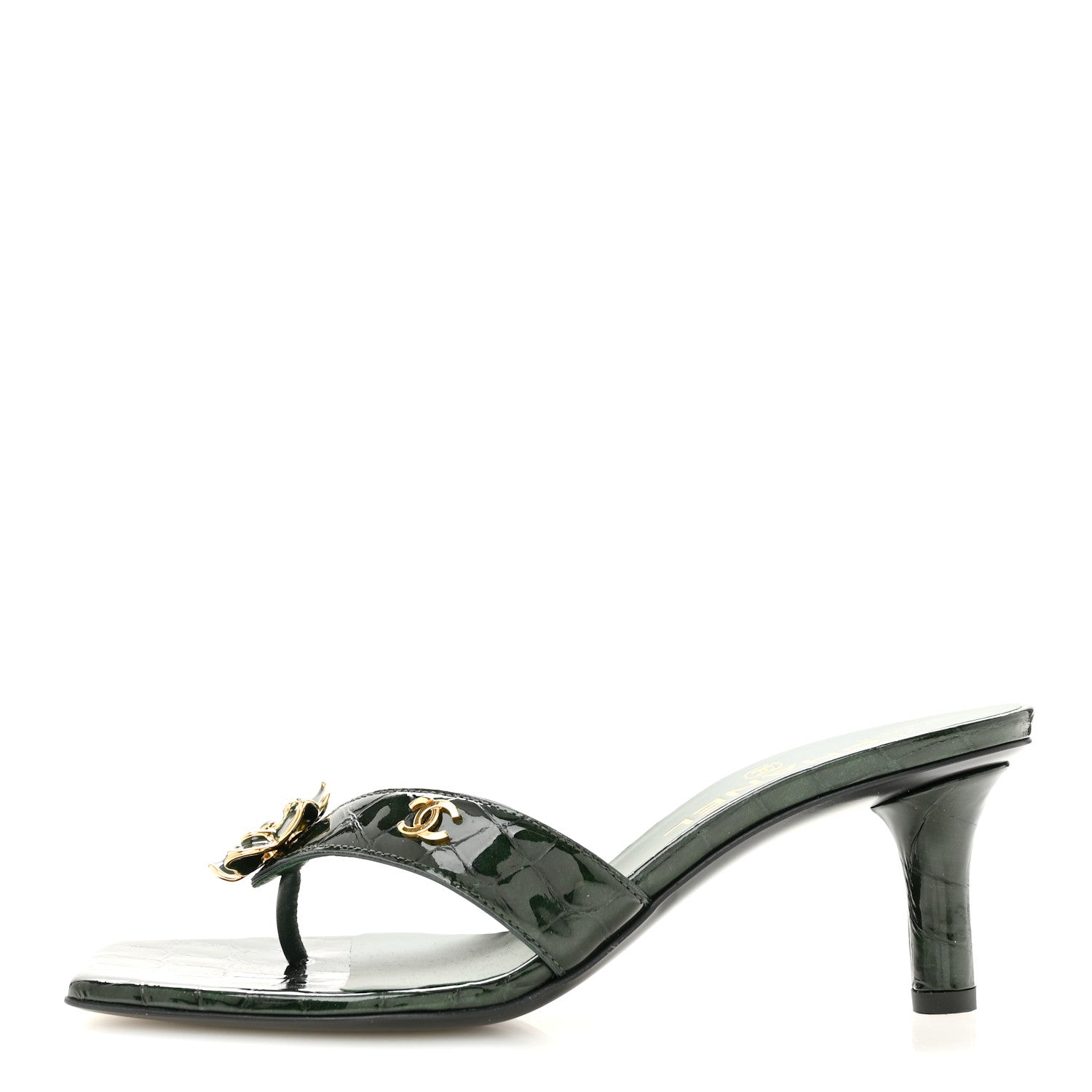 Chanel Crocodile Embossed Patent Calfskin Camelia Thong Sandals 37 Dark Green 1 of 10