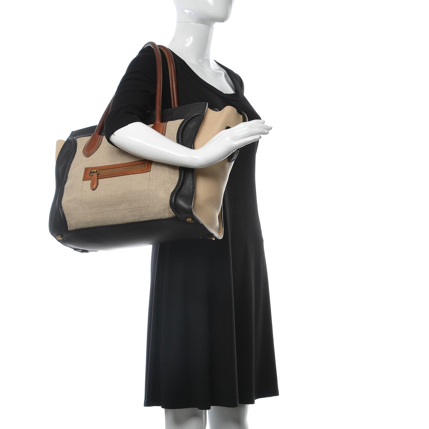 Calfskin Linen Tri-Color Shoulder Luggage Beige
