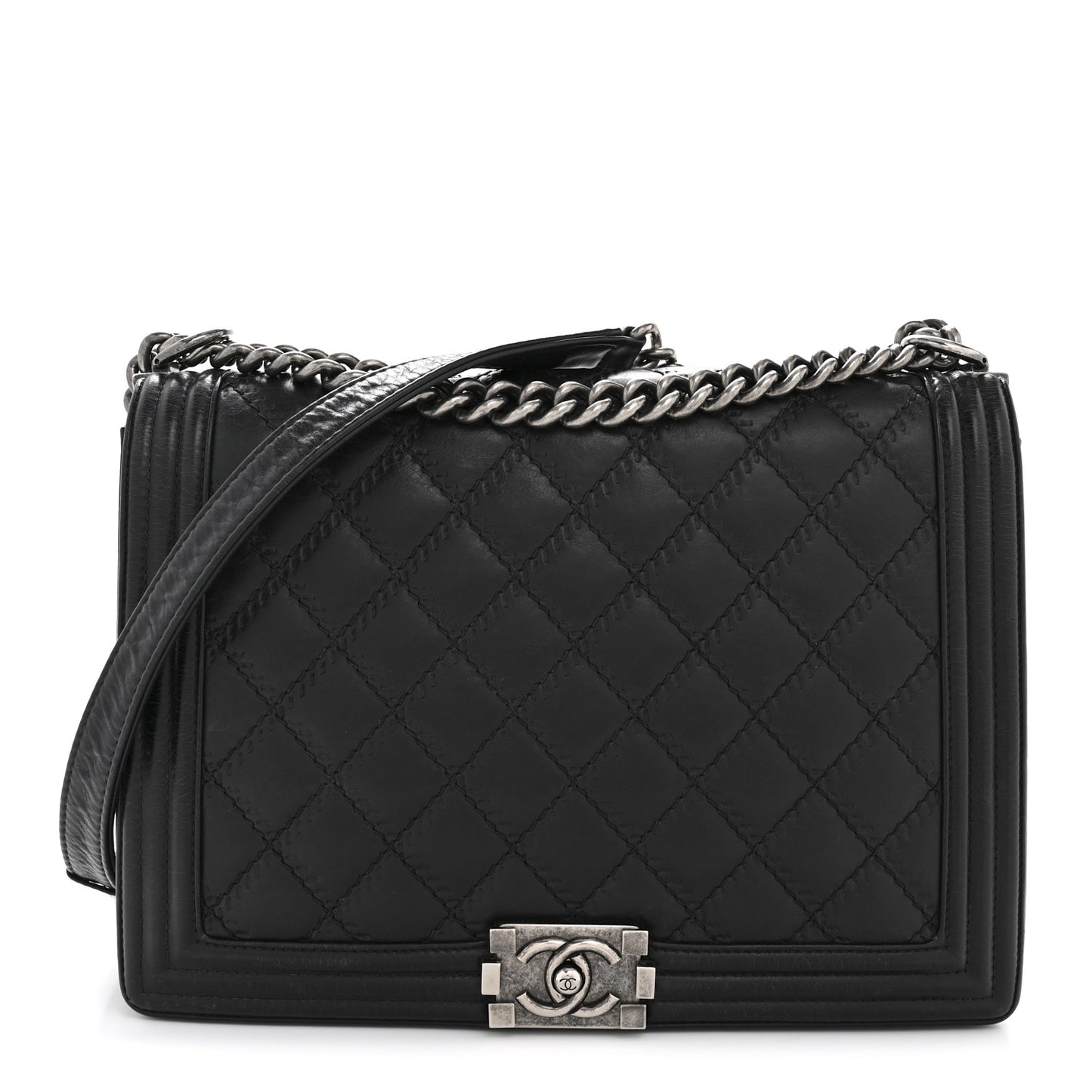 Calfskin Embossed Stitch Large Boy Flap Black
