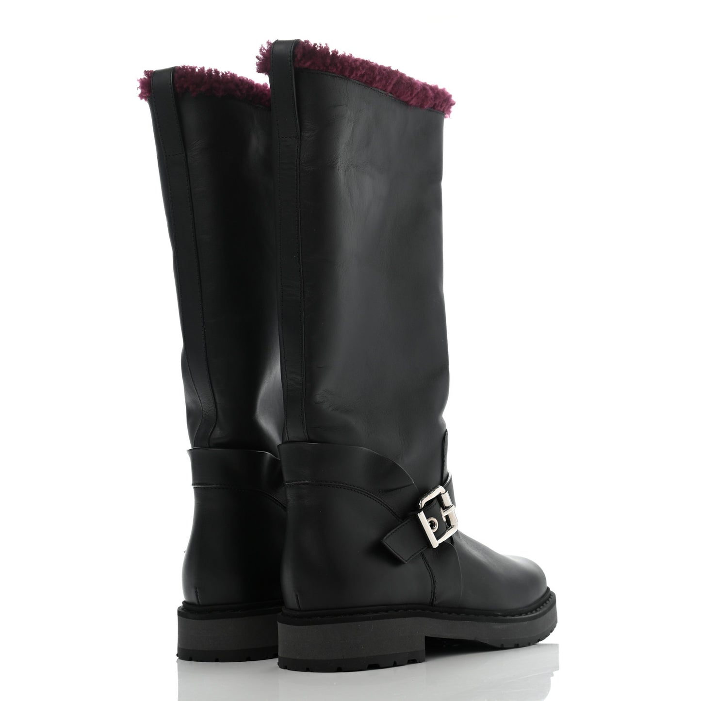 Calfskin Shearling Moto Boots 36 Black Aubergine