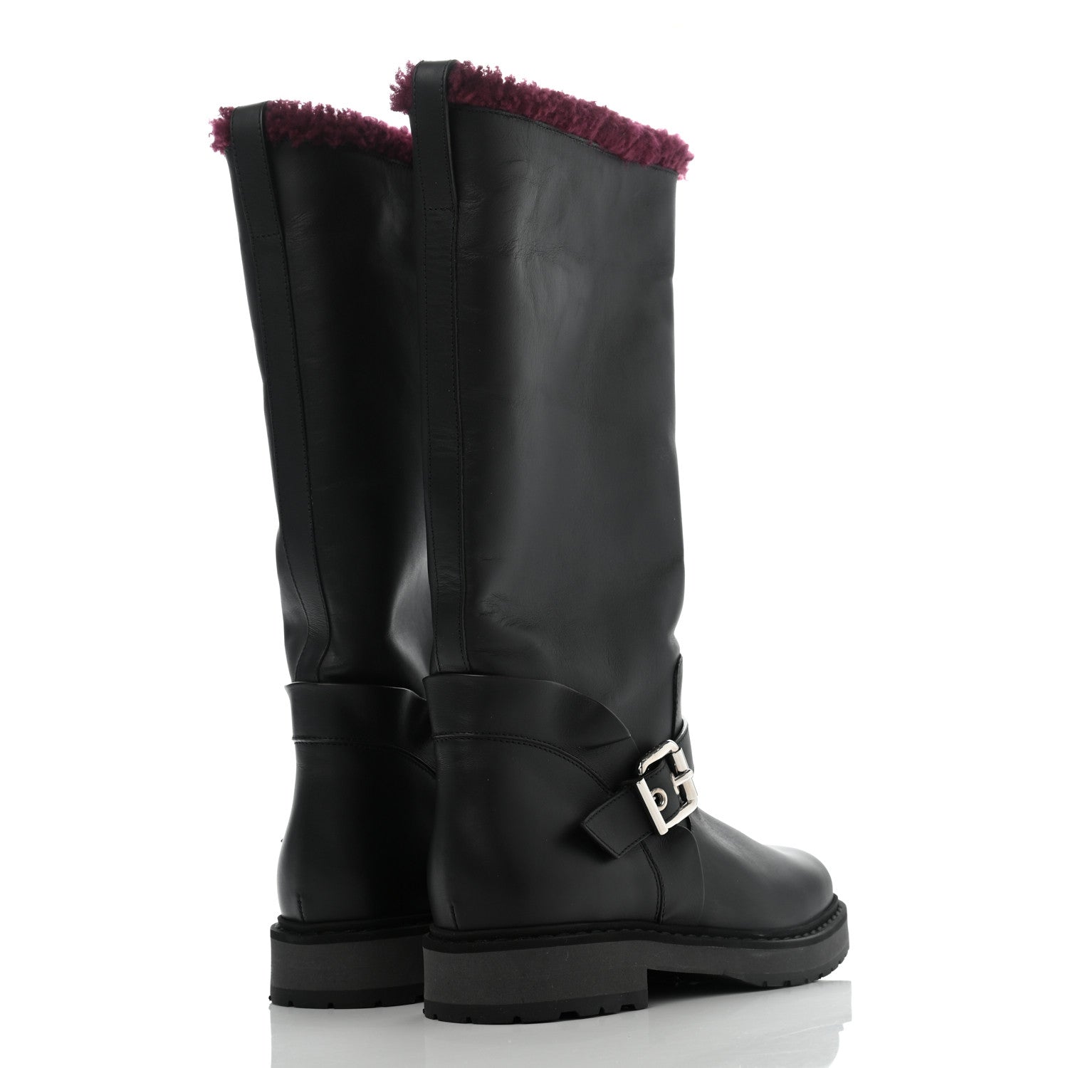 Fendi Calfskin Shearling Moto Boots 36 Black Aubergine 4 of 10