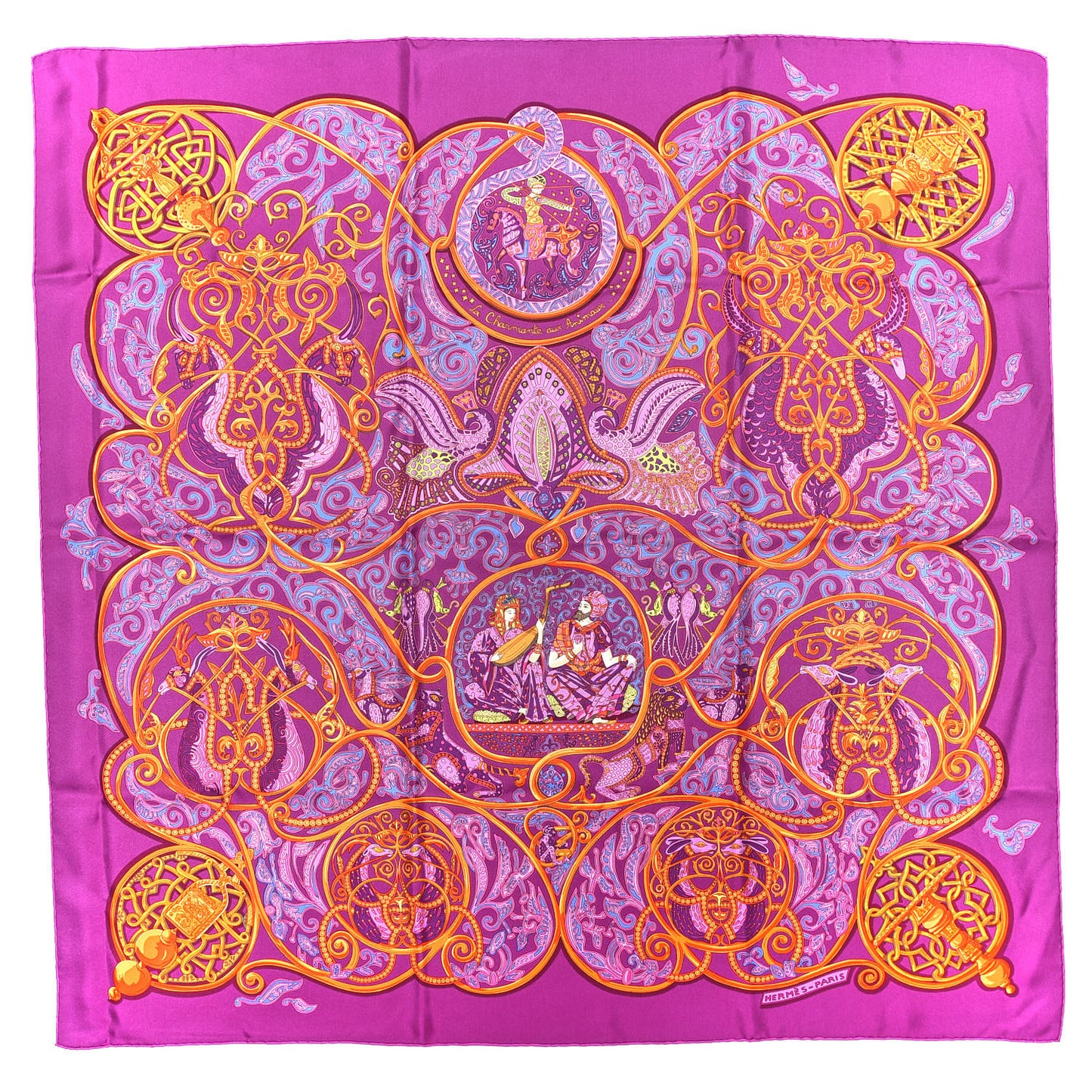 Silk La Charmante Aux Animux Scarf 90 Violet Orange Bleu