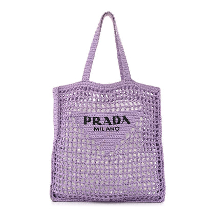 Prada Yarn Raffia Effect Crochet Logo Embroidered Tote Bag Lilium 1 of 9
