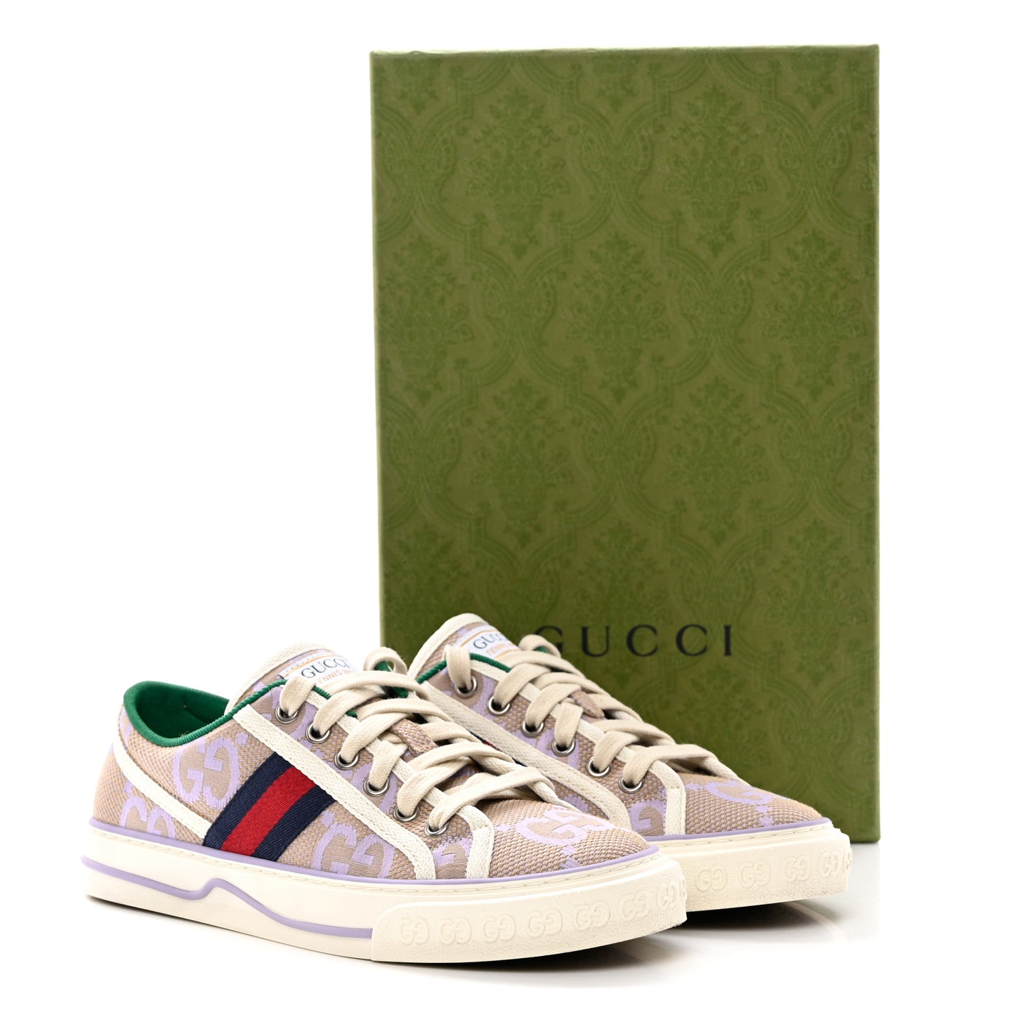 Monogram Jumbo GG Web Womens 1977 Tennis Sneakers 37.5 Beige Lapis Mystic White