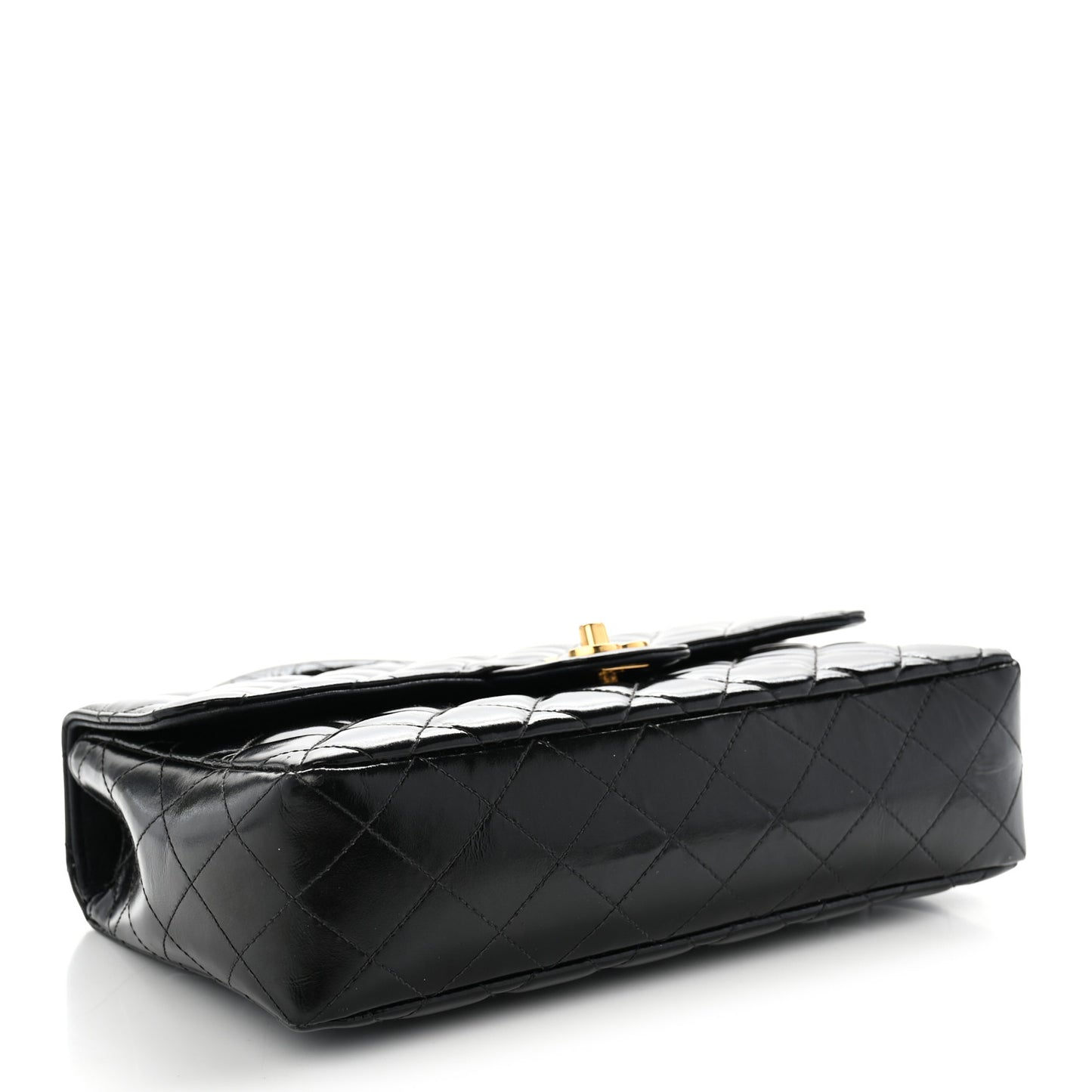 Patent Quilted Medium Rectangular Kelly Flap Bag Black