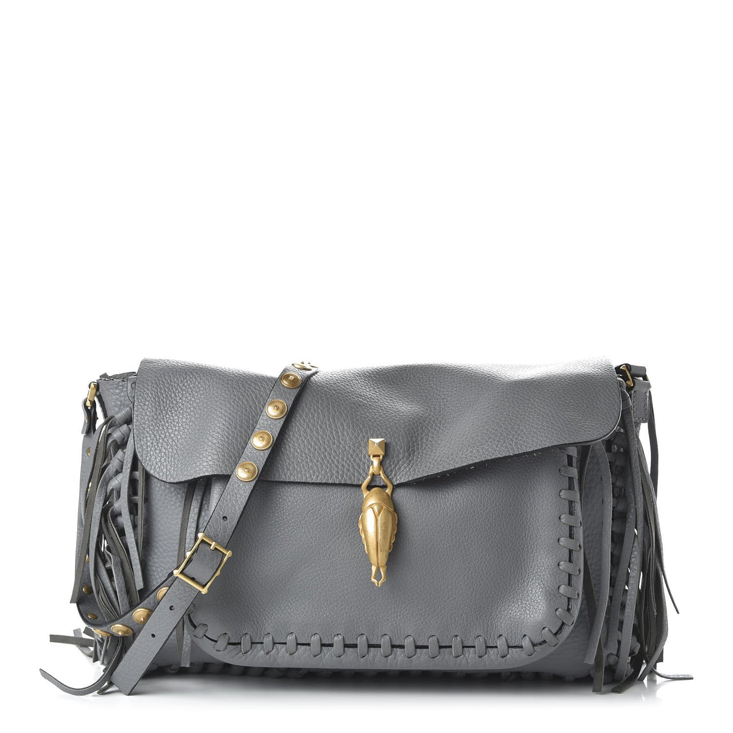 Grained Calfskin C Rockee Scarab Fringe Shoulder Bag Grey