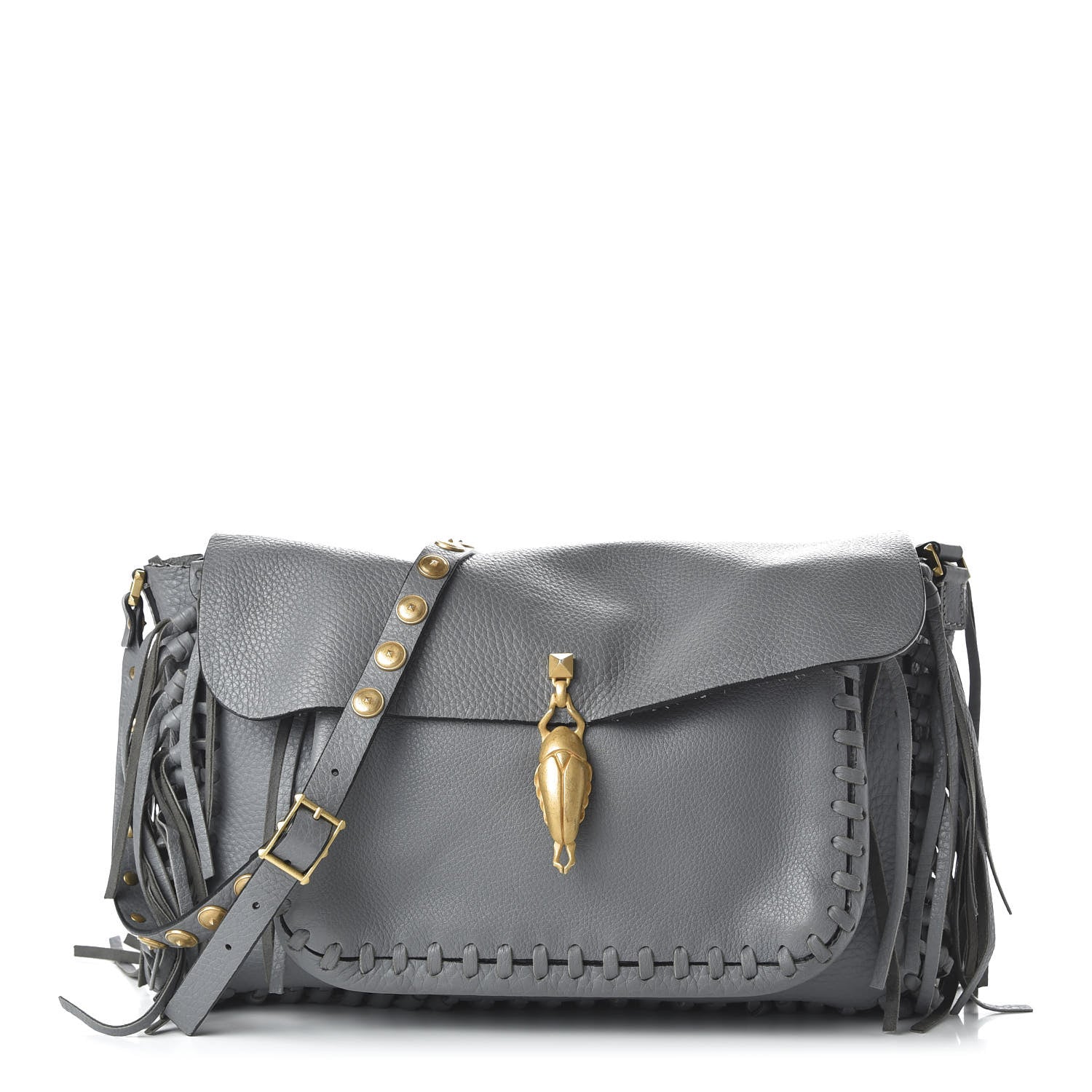 Valentino Garavani Grained Calfskin C Rockee Scarab Fringe Shoulder Bag Grey 1 of 8