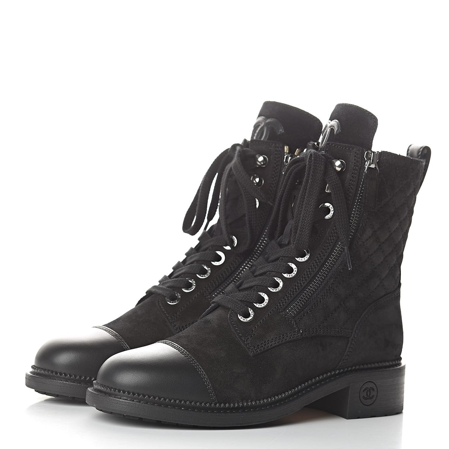Suede Quilted CC Lace Up Combat Boots 37.5 Black