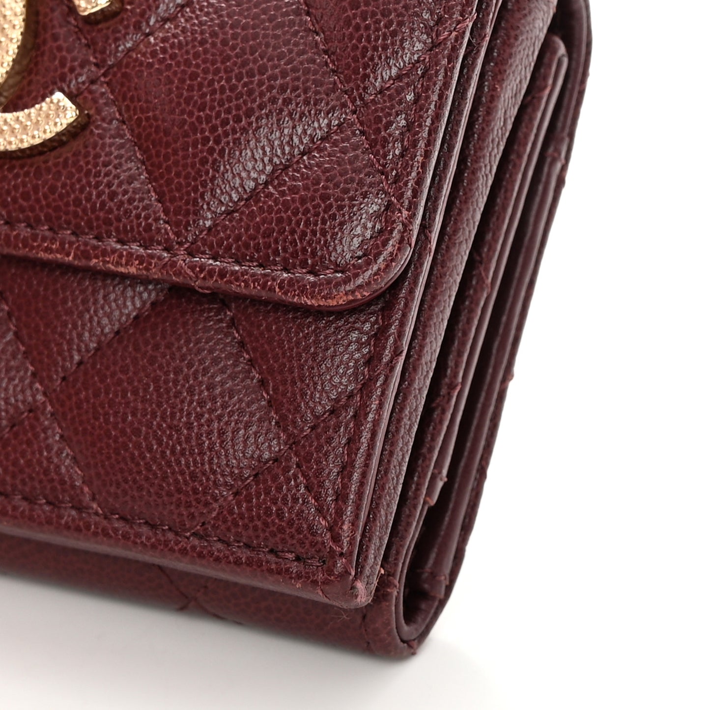 Caviar Quilted Studded CC Double Flap Wallet Burgundy