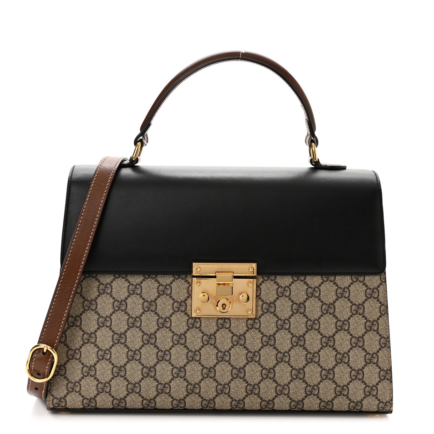 GG Supreme Monogram Calfskin Medium Padlock Top Handle Bag Beige Black Cuir