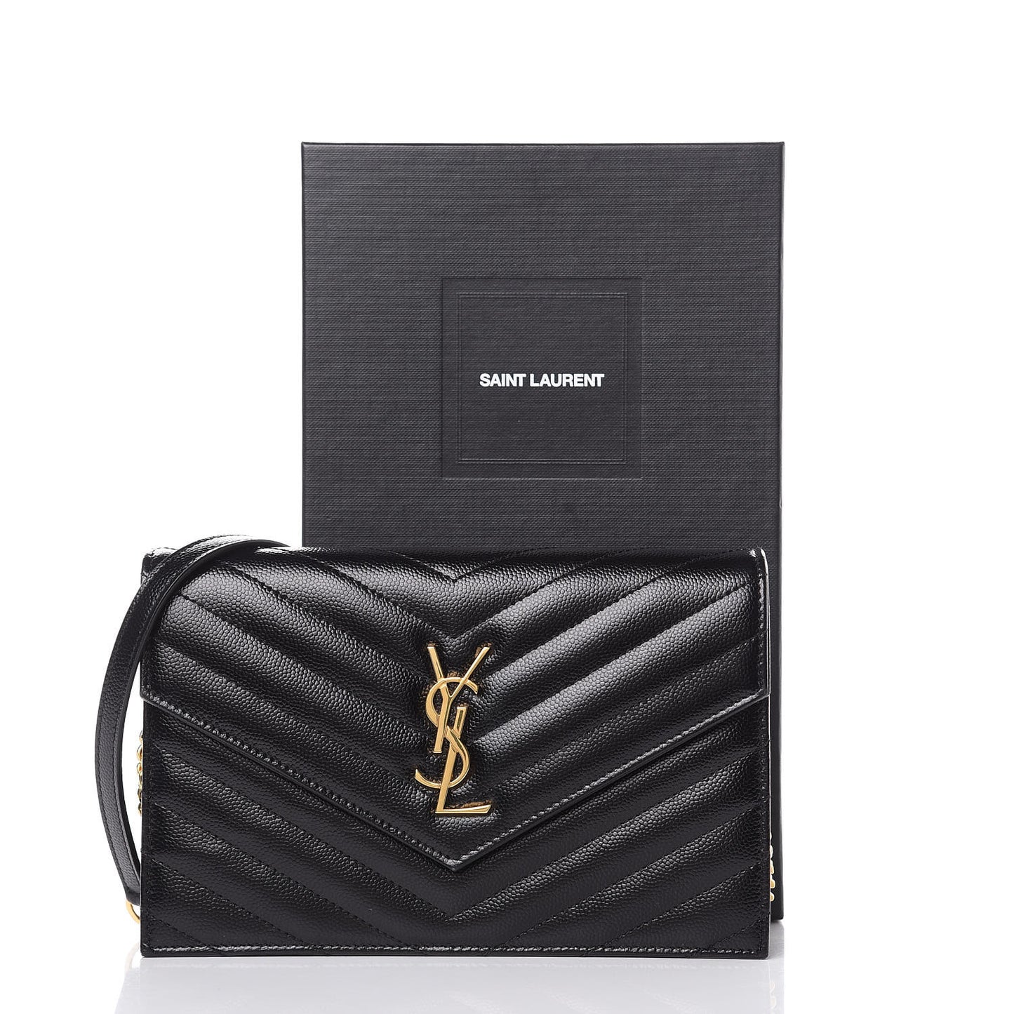 Grain De Poudre Matelasse Chevron Monogram Envelope Chain Wallet Black