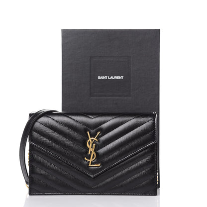 Saint Laurent Grain De Poudre Matelasse Chevron Monogram Envelope Chain Wallet Black 11 of 11