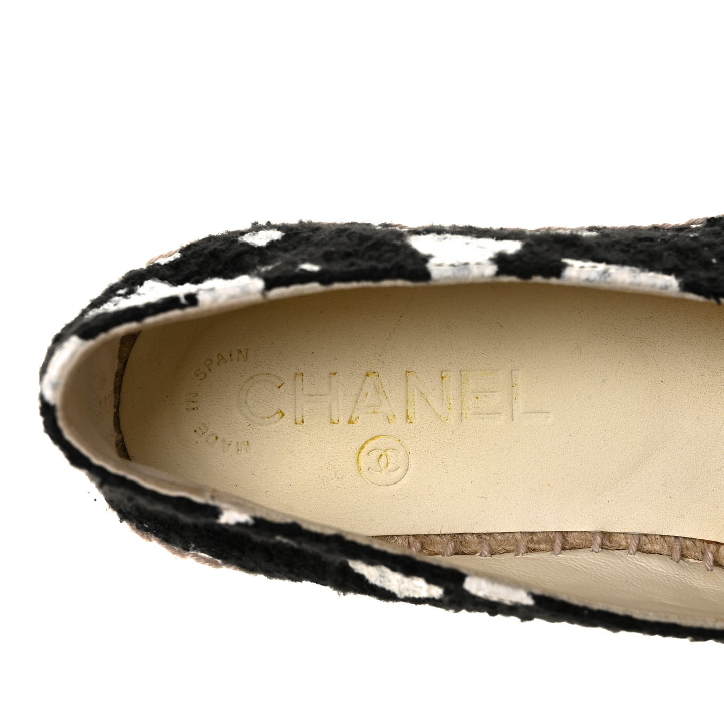 Printed Tweed Patent Calfskin CC Espadrilles 36 Black White