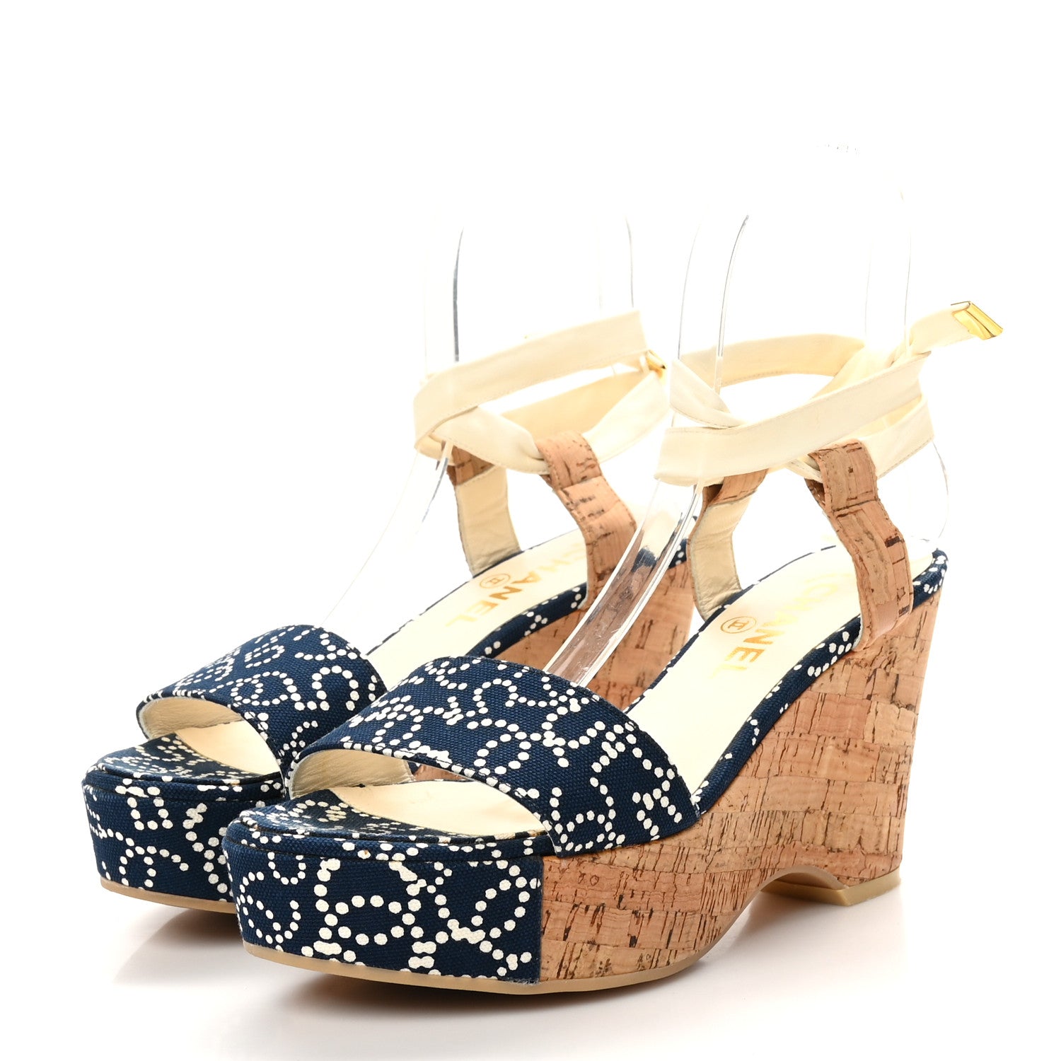 Chanel Canvas Lambskin Cork CC Wedge Sandals Navy Blue 4 of 9