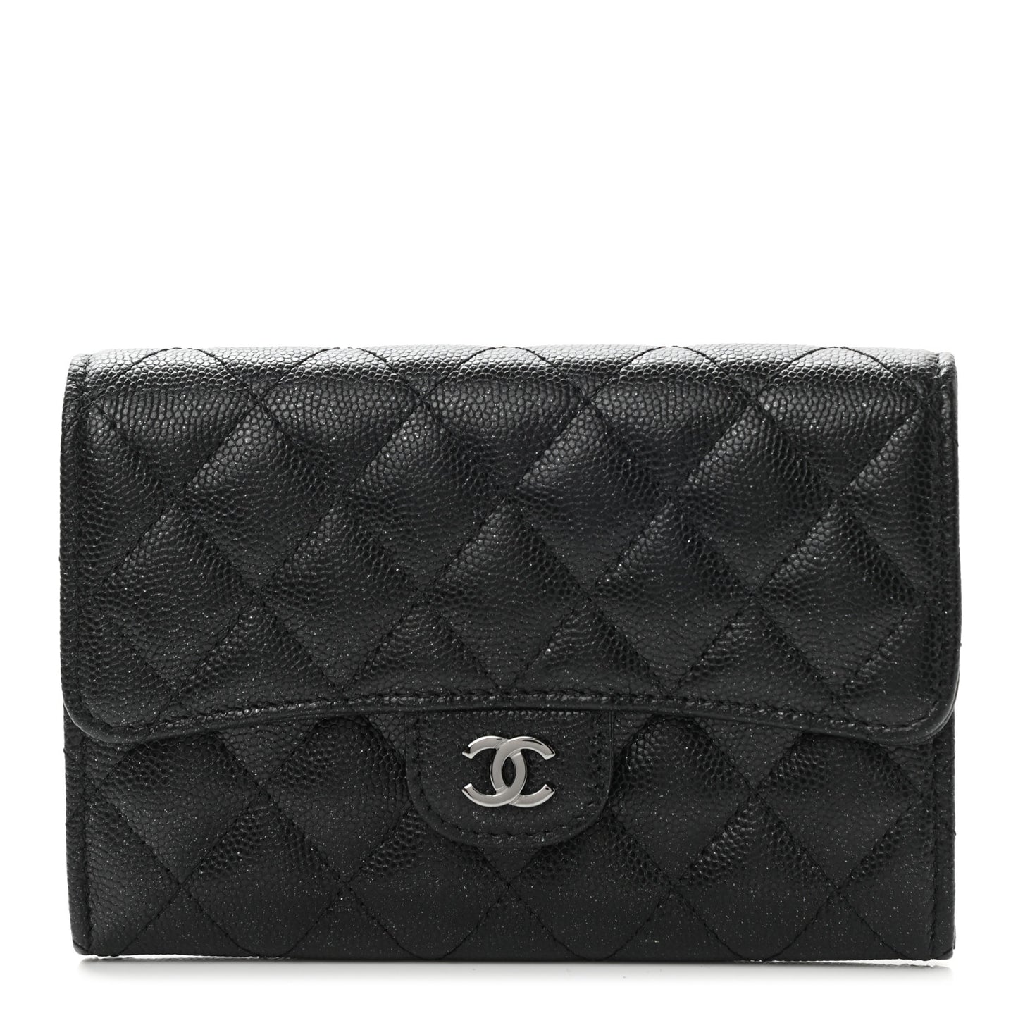 Iridescent Caviar Quilted Medium Flap Wallet Black