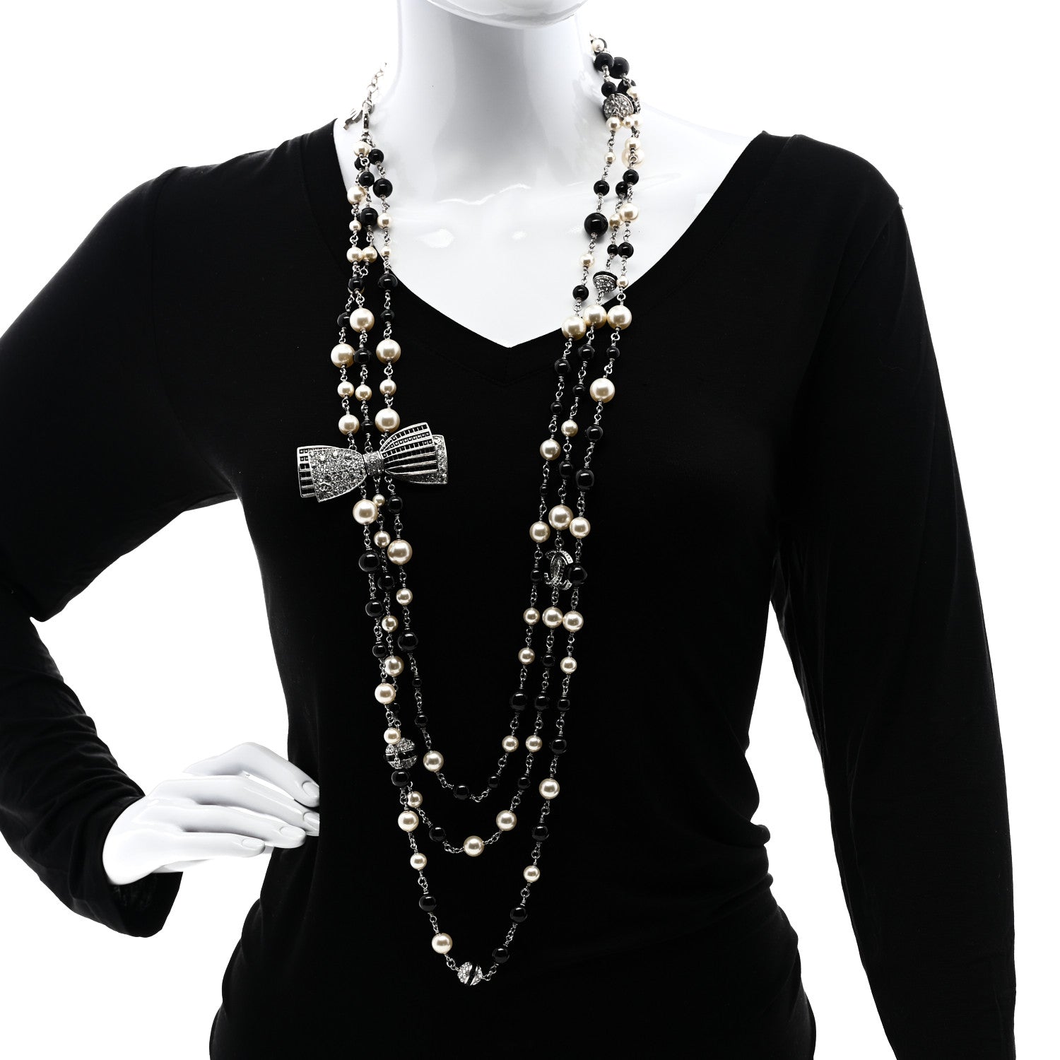 Chanel Crystal Pearl Resin CC Bow Necklace Black Gold 2 of 5
