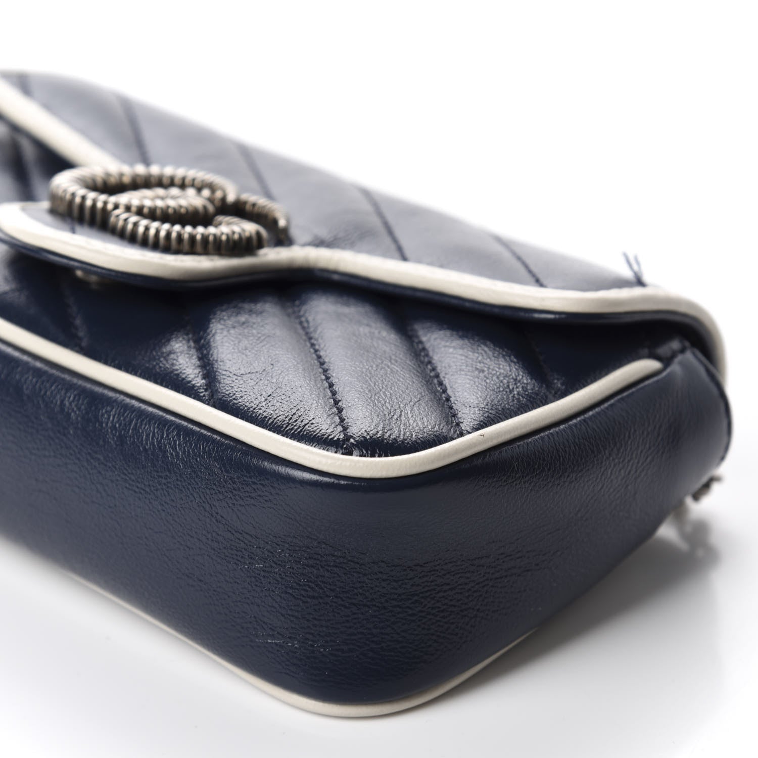 Gucci Vintage Effect Calfskin Matelasse Diagonal Super Mini Torchon GG Marmont Shoulder Bag Blue Agata Mystic White 7 of 12