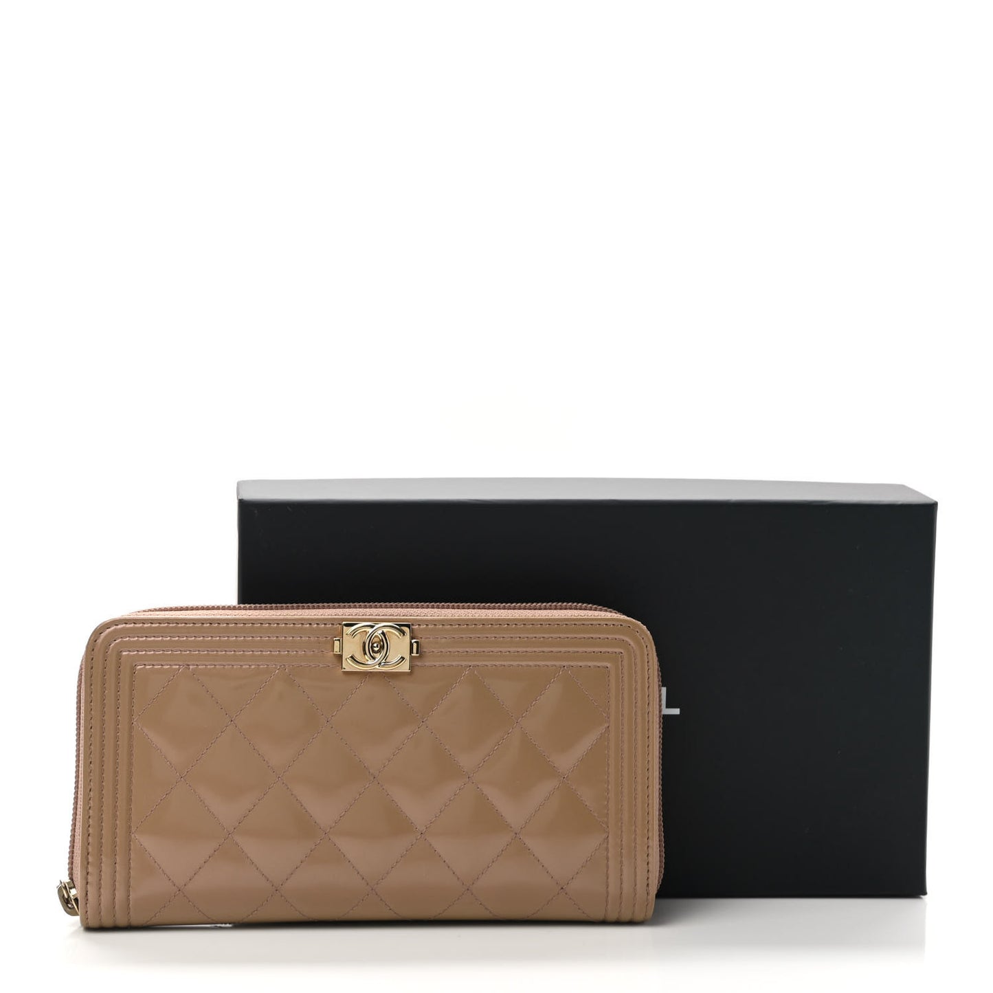 Patent Calfskin Quilted Boy L-Gusset Zip Wallet Dark Beige