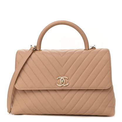 Chanel Caviar Chevron Quilted Medium Coco Handle Flap Beige 1 of 11